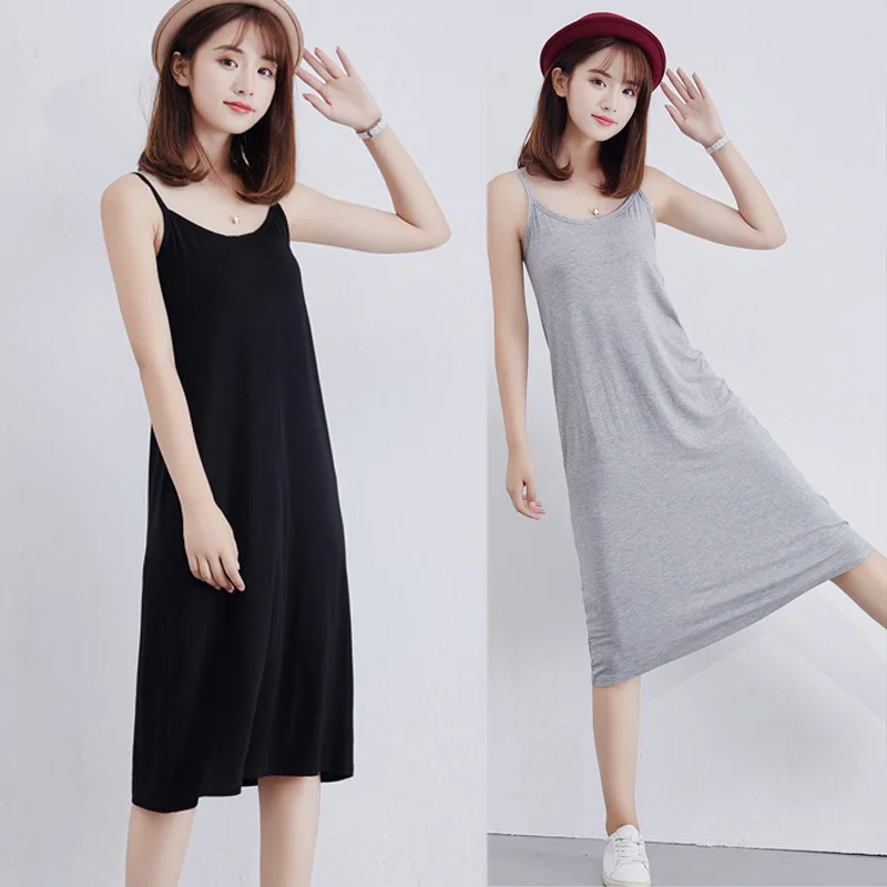 

Summer Nightgown Female Sling Pajamas Round Neck Solid Color Fresh Korean Students In Long Plus Size Home Clothes Sexy