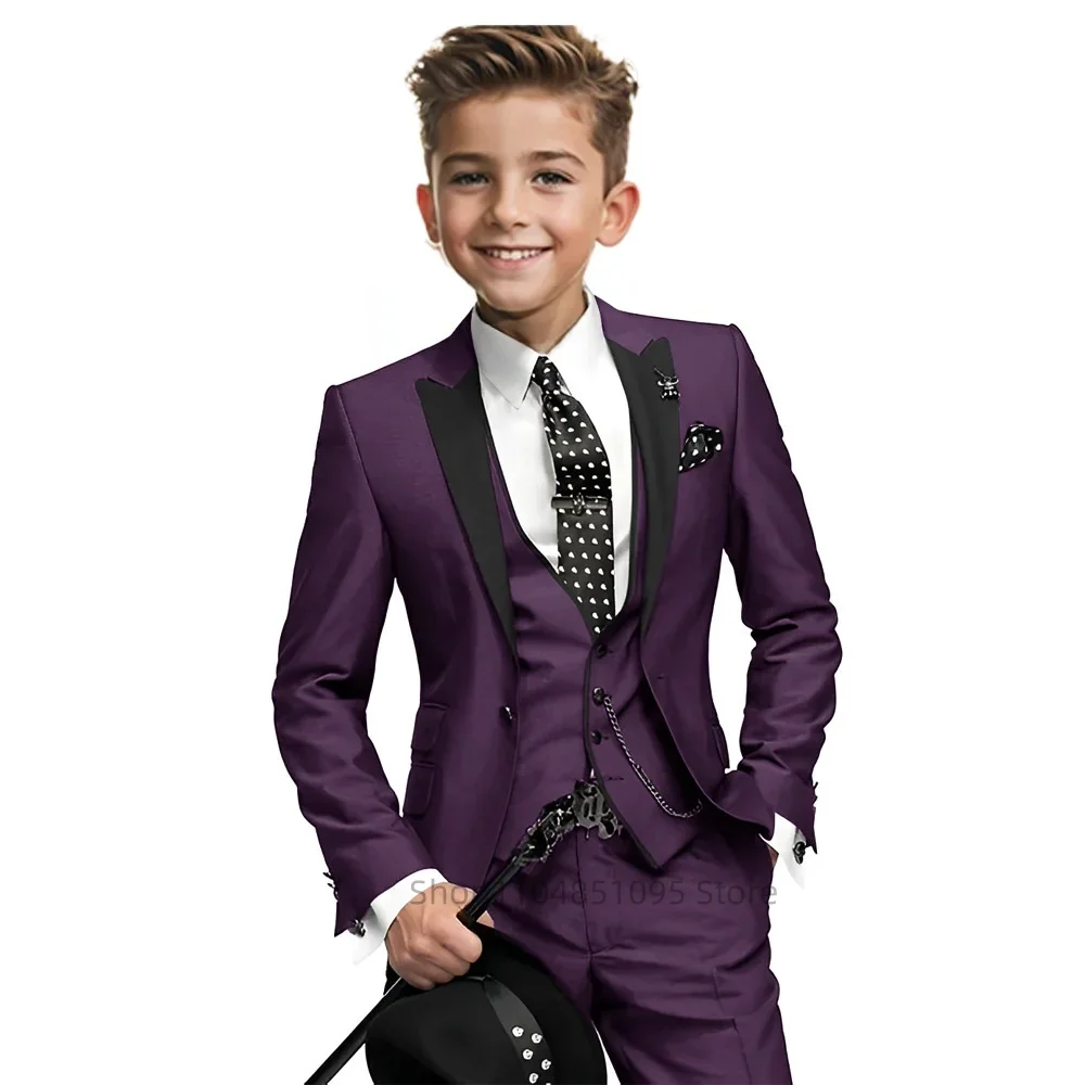 High-end Purple Solid Boy Suits Elegant Peak Lapel Single Breasted Three Piece Fashion Business Casual Wedding Party Tuxedos