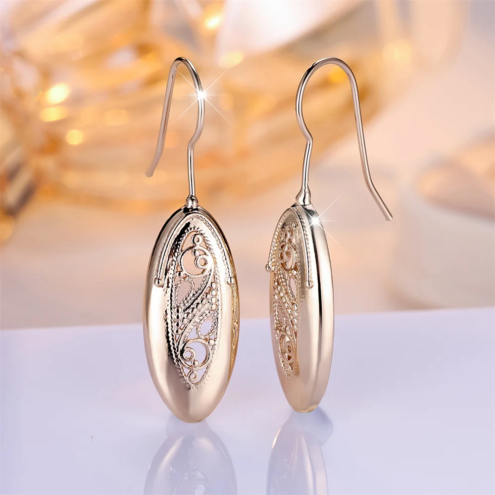 Antique Metal Hollow Flower Pattern Oval Drop Earrings For Women Vintage Gold Color Dangle Earrings Bridal Wedding Jewelry Gifts