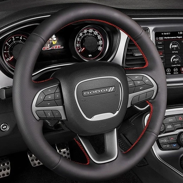 

For Dodge Challenger 19-21 Black Leather DIY Hand Sewn Steering Wheel Cover, Interior Handle Cover