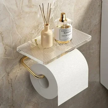 Porte-papier hygiénique doré de luxe avec étagère, sans poinçonnage, porte-rouleau de papier acrylique, cintre pour mouchoirs, accessoires de salle de bains 1