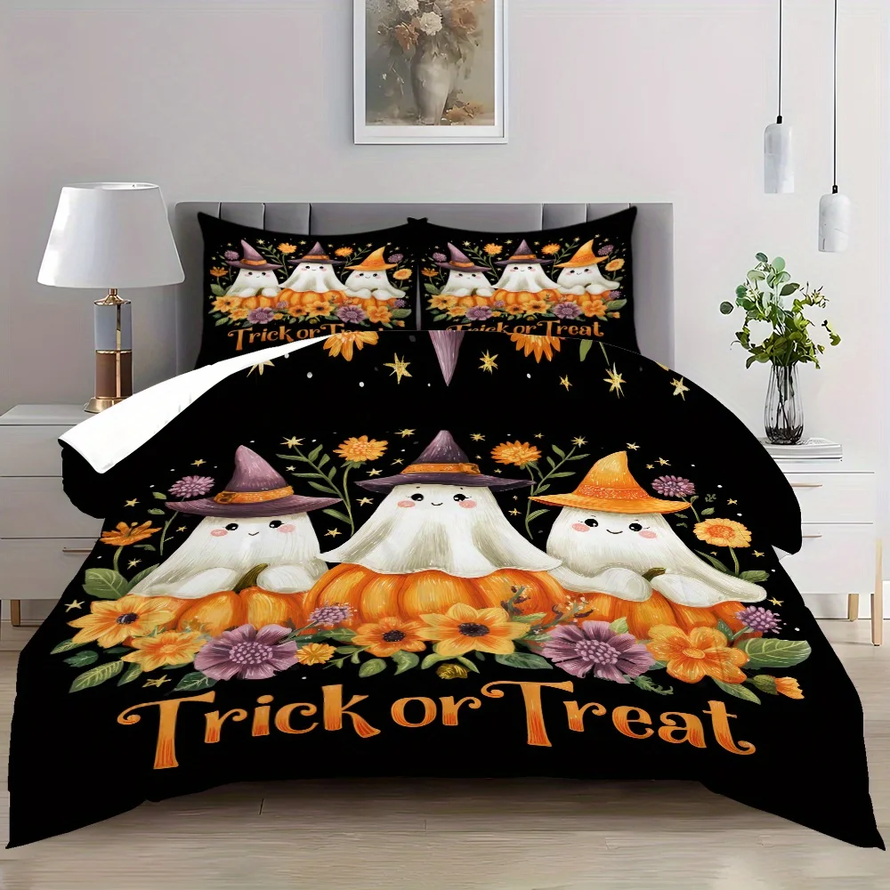 3pcs Halloween Pumpkin Ghost Pattern Printed Duvet Cover Set, High-Definition Printed Bedding Set