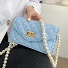 

Quilted Leather Handbags for Women Pearl Chain Messenger Bag Diamond Lattice Crossbody Bag Female All Match Design Shoulder Bag