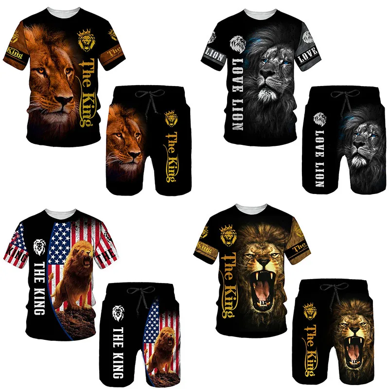 Men's Printed Tiger Lion T-Shirt Suit Summer Animal Short Sleeve Two-piece Casual Crew Neck Set Fashion Male Clothing Plus Size