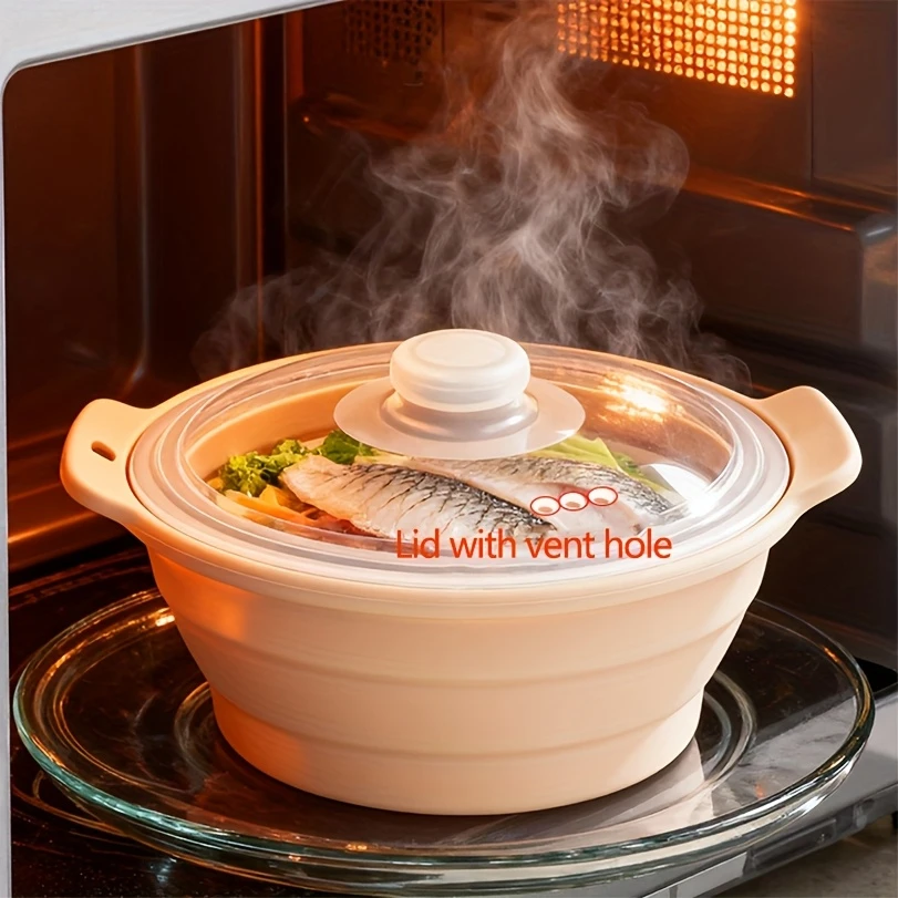 접이식 실리콘 찜기(뚜껑 포함) 식품 등급 전자레인지용 조리기구 다용도 찜기 요리, 캠핑용 식기세척기 사용 가능