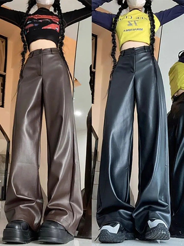 

American New Plus Size Retro PU Leather Casual Pants Female Y2K Fashion Trend High Waist Slim Leather Pants Wide-leg Pants