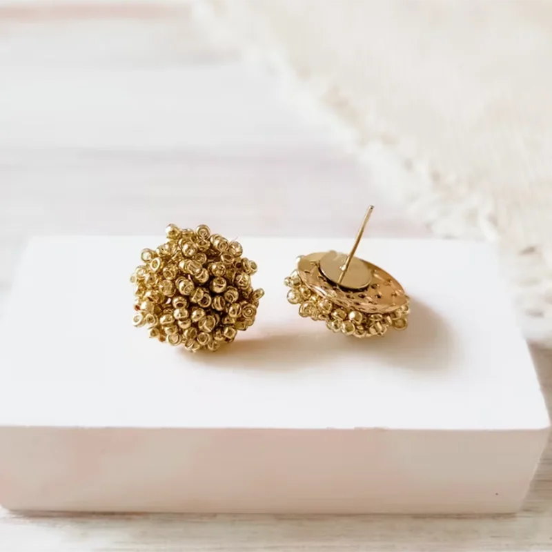 

GOLD 15mm Small Seed Bead Topper 1 Pair, All Stainless Steel Stud Beaded Dome Finding Pom Pom Style Beaded Jewelry Connector