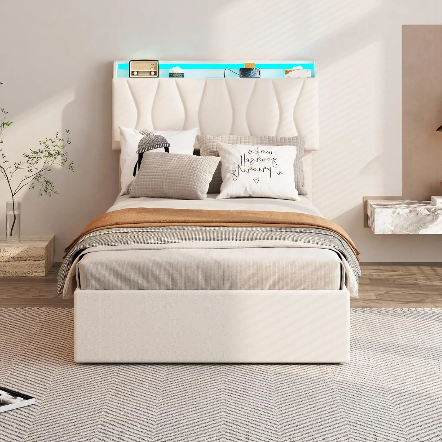 Twin Size Lift Up Storage Bed Frame with Adjustable Headboard, Charging Station, LED Lights, Wood Slats, Noise-Free
