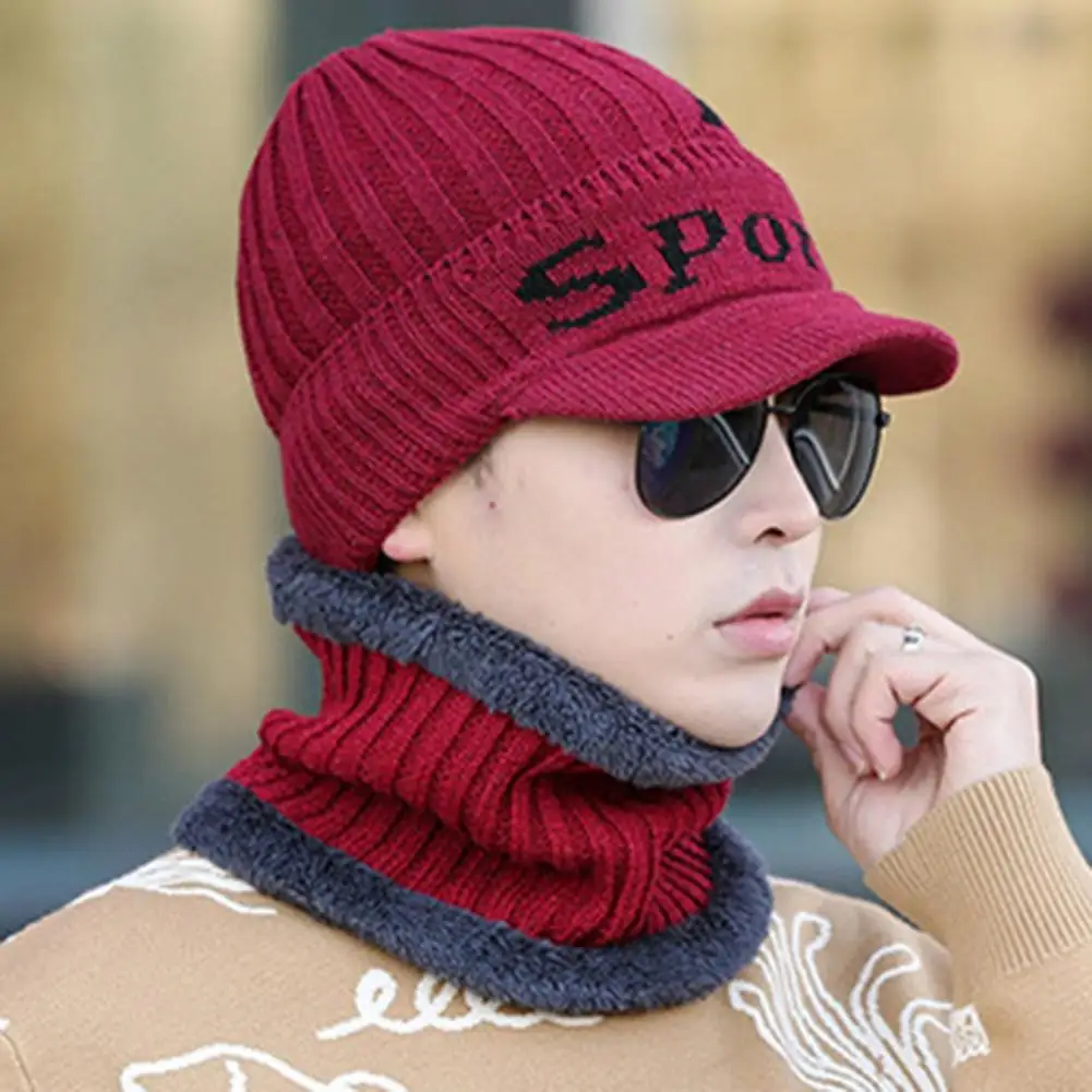 

Winter Hat Scarf Set Winter Letter Print Men Hat Scarf Set Cozy Fleece Lined Knitted Accessories for Outdoor Warmth Style Fleece