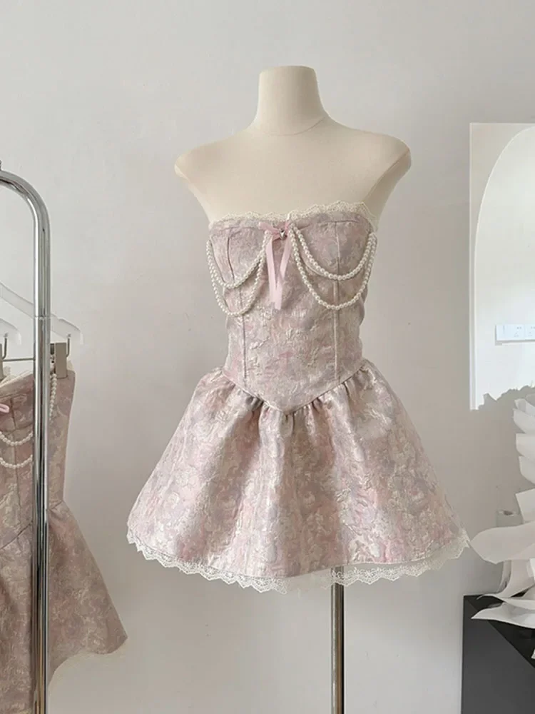 

French Elegant Y2k Lolita Dress Fashion Sweet Luxury Prom Gown Pearl Chain Party Prom Sleeveless Robe 2000s Aesthetic New Design