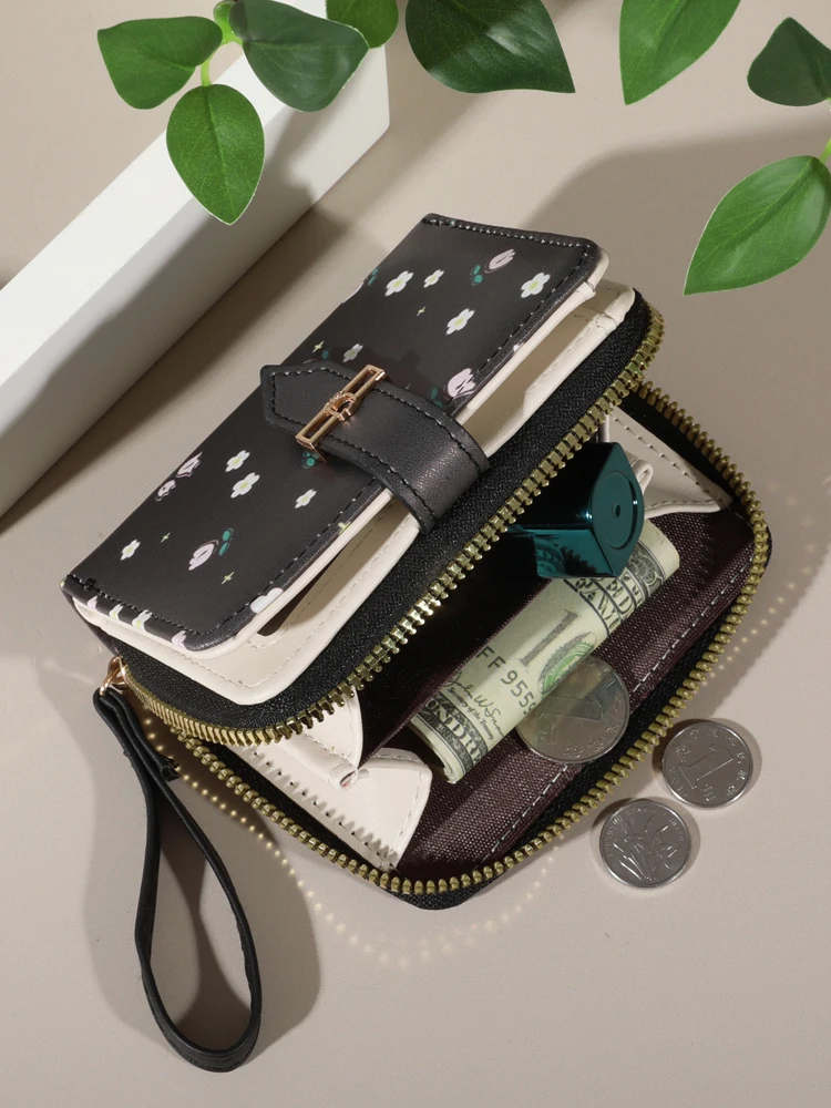 Flower patterned credit card holder for women or men's small card case with zipper hand-held wallet credit card holder zipper wallets card wallet