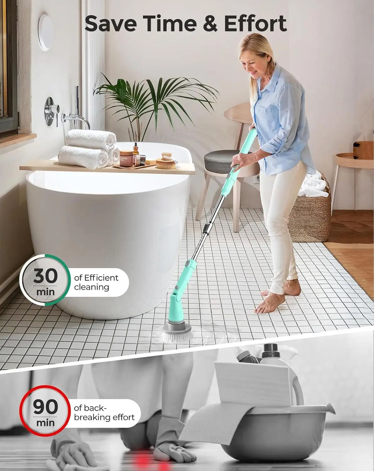 Electric Spin Scrubber Kh8, Upgrade Cordless Shower Scrubber 8 Replacement Head, 1.5H Bathroom Dual Speed,