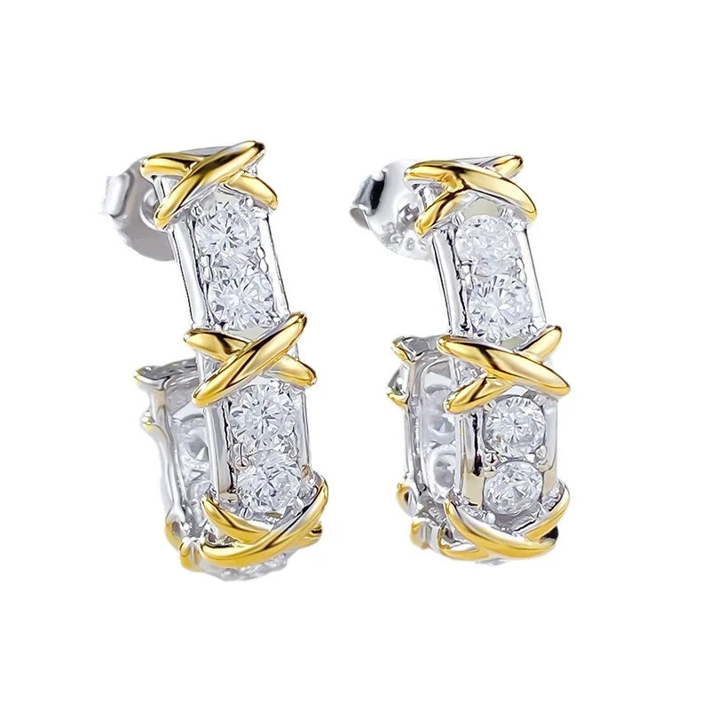 

New European and American S925 Silver Cross Colored Solid Silver Gold Plated Full Diamond Earrings, High end Luxury Earhooks