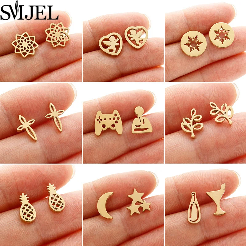 Earrings for women golden vintage mandala leaf pineapple trend fairy cup stainless steel punk game controller studs