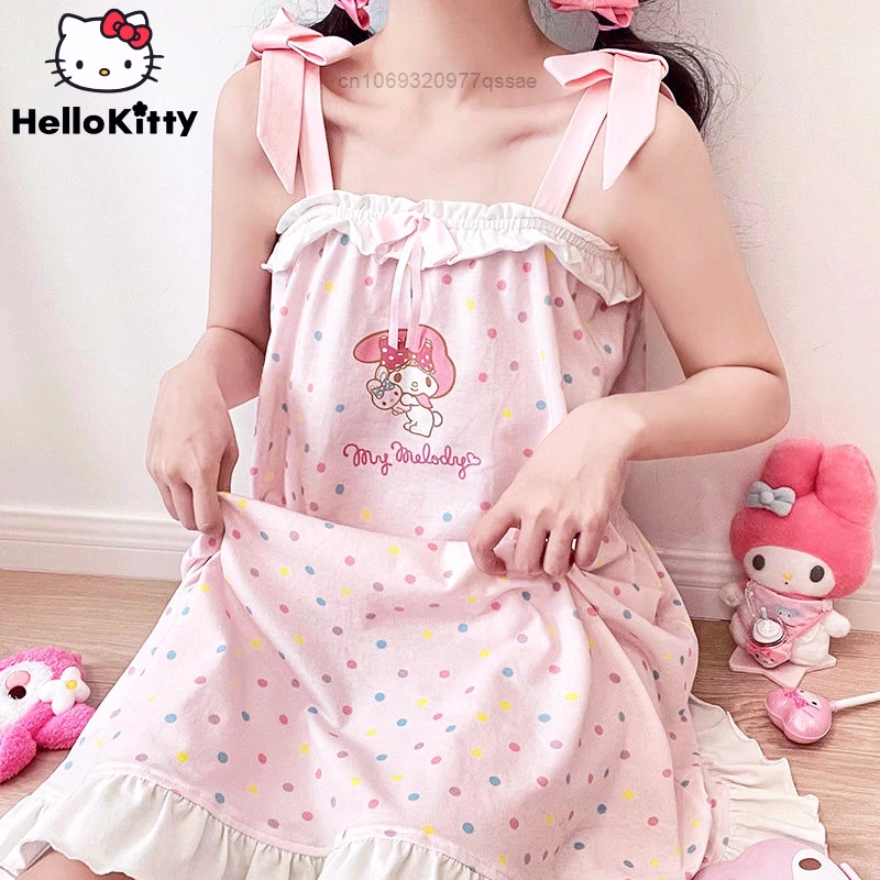 Sanrio Cinnamoroll Melody Sweet Pink Nightdress For Women Kawaii Japan Style Girls Soft Nightgowns Homewear Student Y2k Pajamas