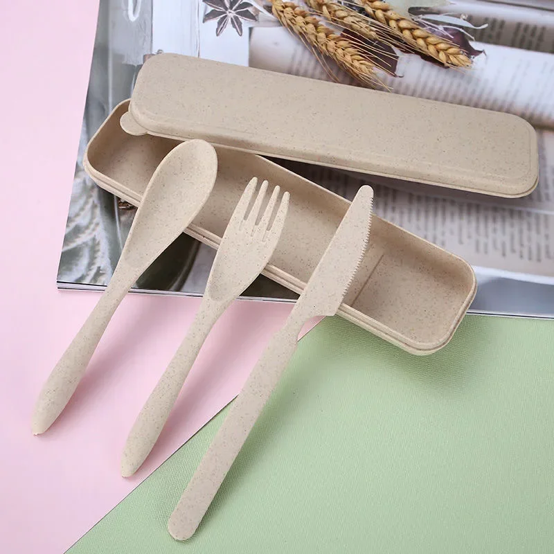Cutlery Set Western Style Cutlery Set Picnic Cutlery Set Picnic Tableware Camping Cutlery Set Colorful Wheat Straw Knife Fork Spoon Set with Storage Box Outdoor Camping Portable Plastic Tableware Student Lunch Cutlery Set