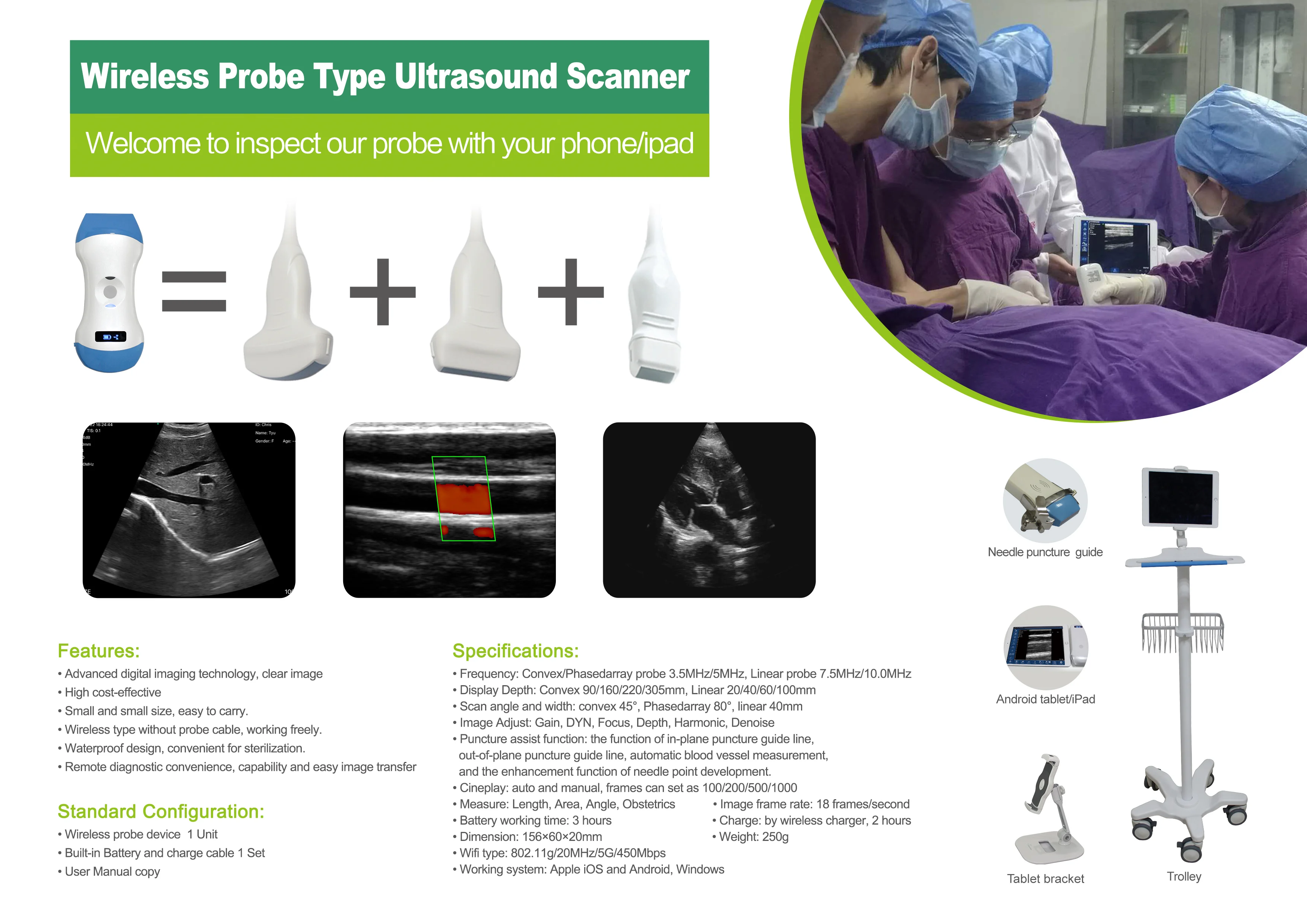 128e/192E Wifi Wireless Color Ultrasound Doppler 3 in 1 Probe Convex Linear Phased Array Probe support iOS Android Windows