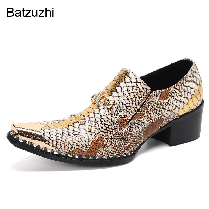 

Batzuzhi Italian Style Men's Shoes Pointed Metal Toe Leather Dress Shoes Men Slip on Oxfords Shoes for Men's Party and Wedding