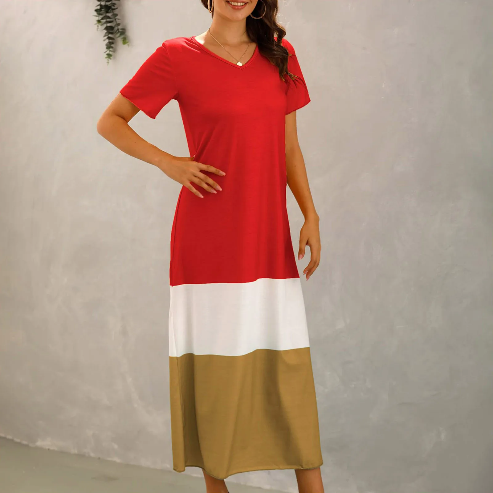 

Women's Loose Casual Color Patchwork Short Sleeved V-neck Long Dress Casual Fashionable Women's Summer Dress Vestidos платье