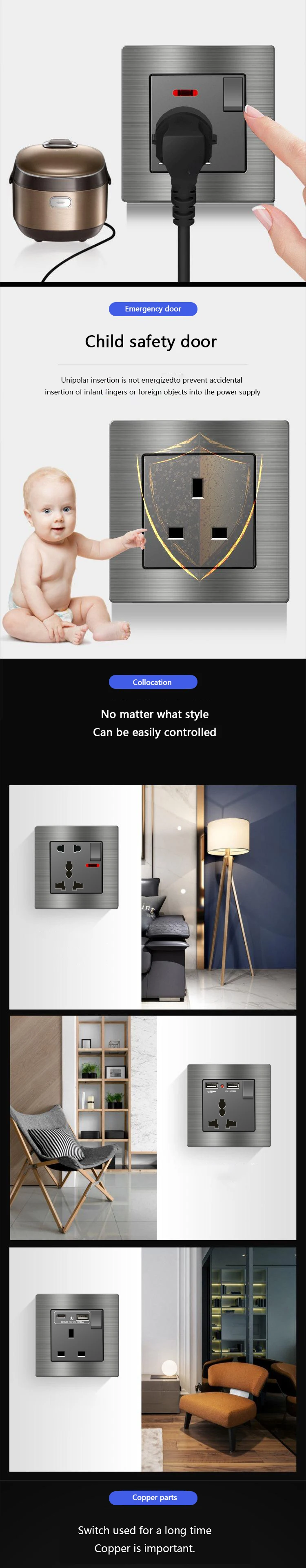 Description Picture 4 of itemUniversal 18W Type-C Fast Charging Dual Power Outlet,Brushed aluminum Uk 13A Usb Wall Socket,220V Electrical Light Switch Panel