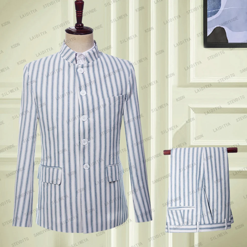 

Men's Suit Leisure Linen Summer Coat Stand Collar One Piece Blue Stripe Casual Business Slim Fit Blazer Chaquetas Hombre 2023