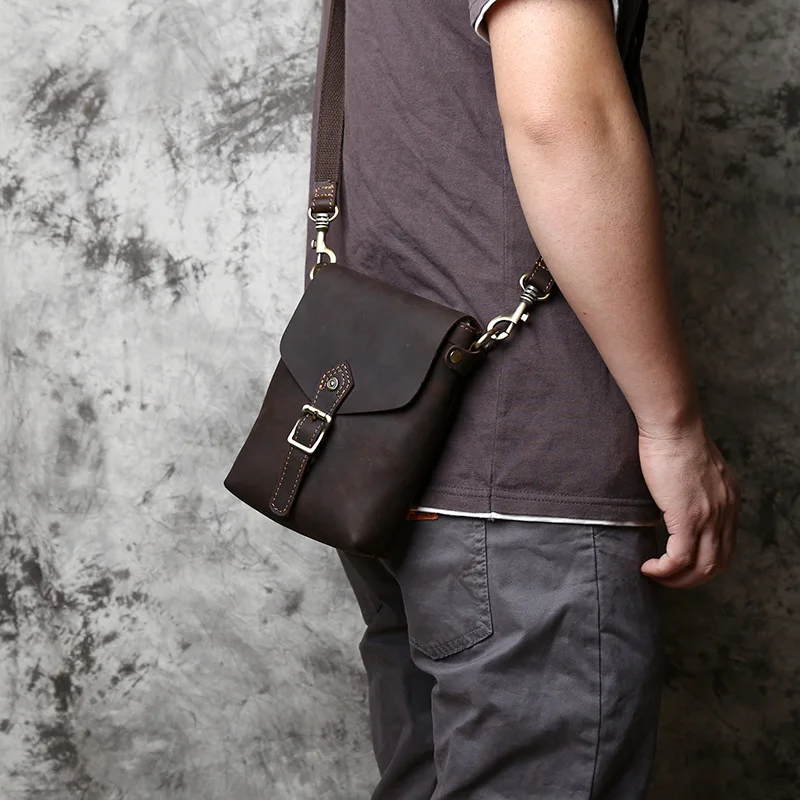 NZPJ Leather Men's Shoulder Bag Top Layer Cowhide Vertical Casual Mobile Phone Bag Crazy Horse Leather Brown Messenger Mini Bag