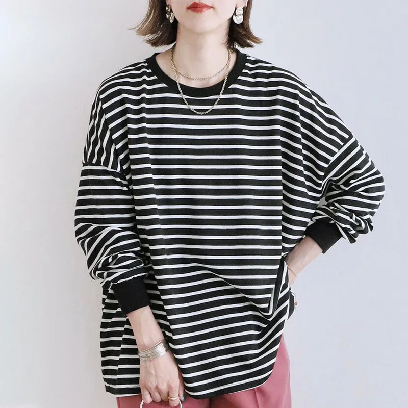 

Autumn And Winter Japanese And Korean Casual Stripe Sweater Long Sleeve Round Neck Women's Loose Cotton Large Bottom Top Women