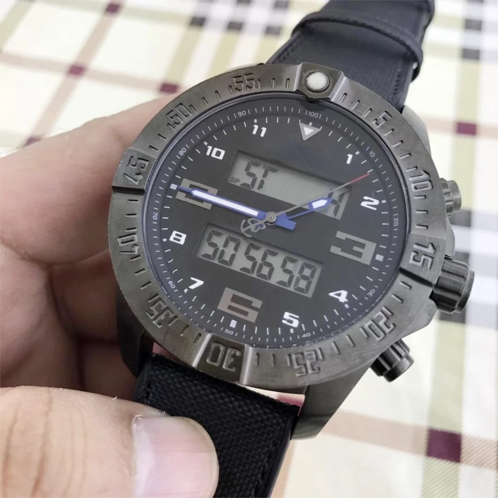 

SHXI Black Blue rubber Digital Dual Time Display mens Full Black Carbon Fiber watch