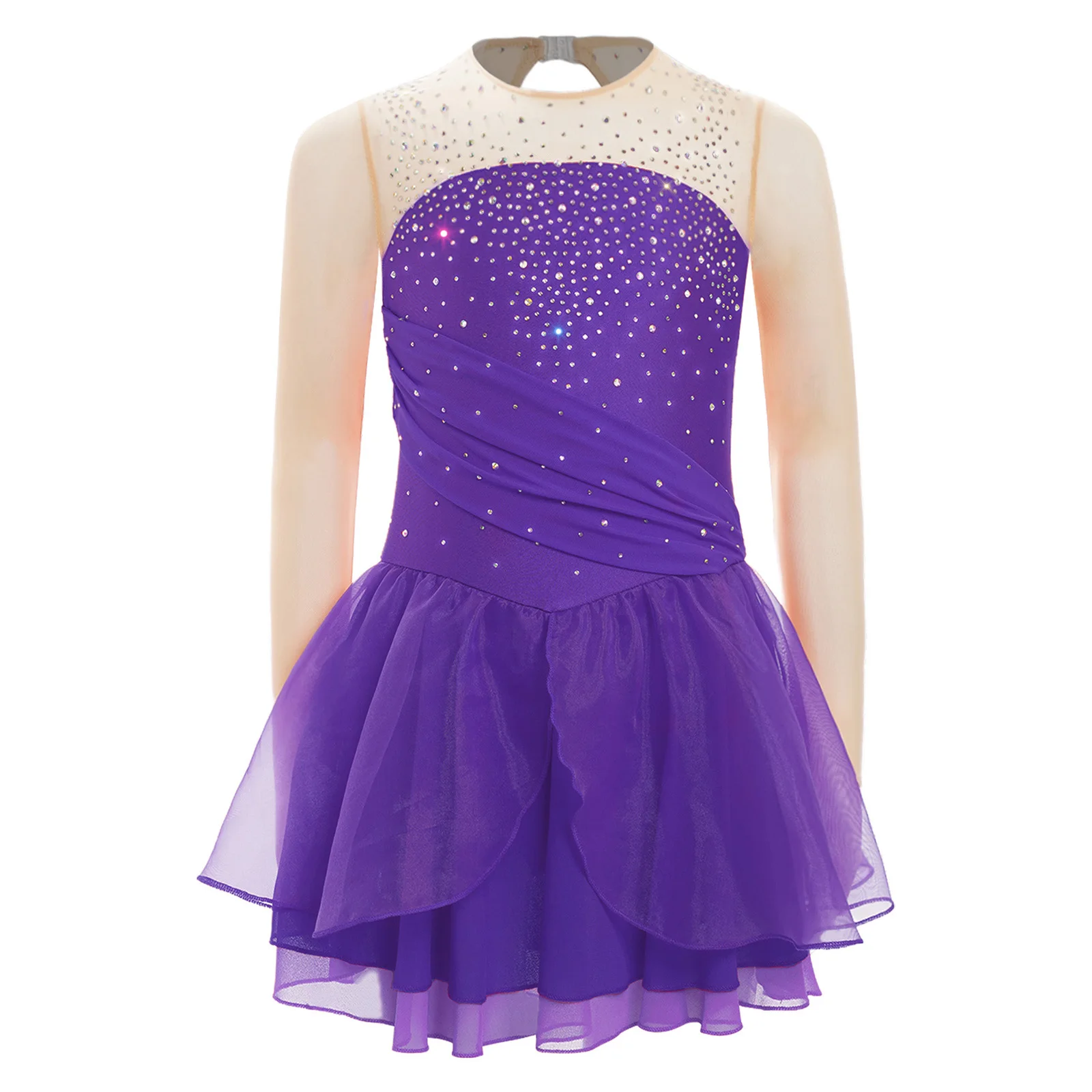 Kinder Mädchen Eiskunstlauf Performance Kostüm Glänzende Strasssteine Lyrisches Tanzkleid Sheer Mesh Long Sleeves Cutout Back Kleider – Detail 8