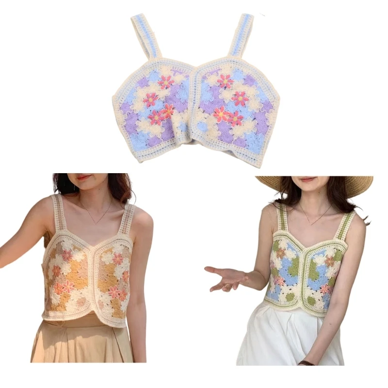 

Women Square Neck Sleeveless Folral Embroidery Camisole Ribbed Knit Crop Top Tops
