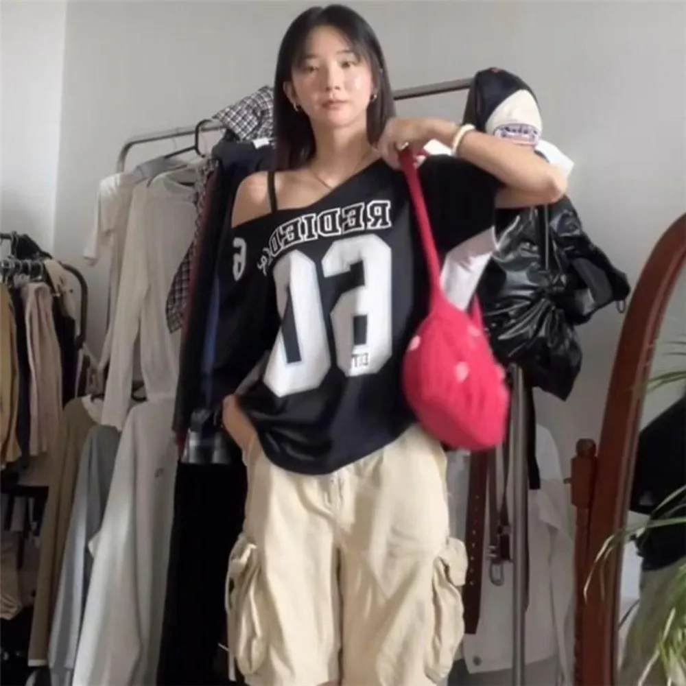 Asymmetry Sporty Casual T-shirt English Letter Atmosphere Style Short Sleeves Top Casual Versatile Harajuku Short Sleeved Party