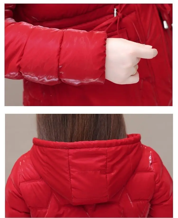 New Women's Down Cotton Coat Winter Warm Jacket Long Thick Bright Face Wash Padded Jackets Female Hooded Parker Overcoat Red 5XL