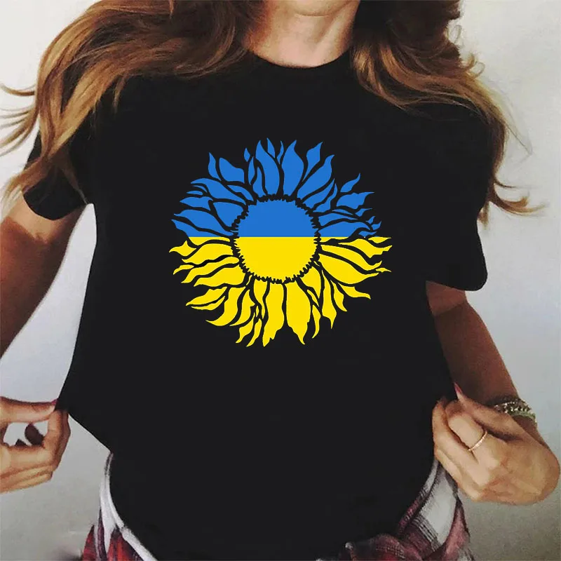 

2022 Women T Shirt Summer Ukraine Flag Sunflower Printed T-shirt Round Neck Tee Tops