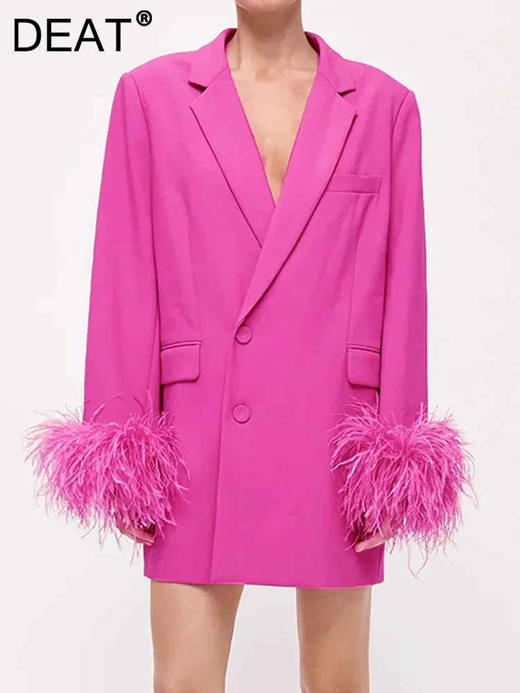 

DEAT Fashion Women's Blazer Notched Collar Single Breasted Long Sleeve Spliced Feather Pink Suit Jackets Spring 2024 New 17A6559