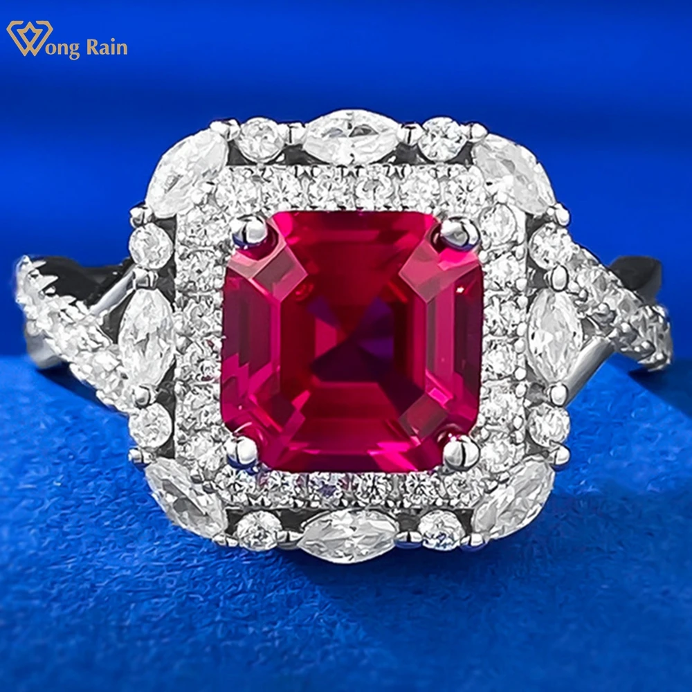 

Wong Rain Vintage 100% 925 Sterling Silver Asscher Cut 7*7MM Ruby High Carbon Diamond Gemstone Ring for Women Engagement Jewelry