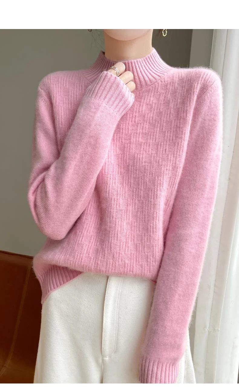 Women's semi high neck solid color sweater made of 100% wool_voghion.com