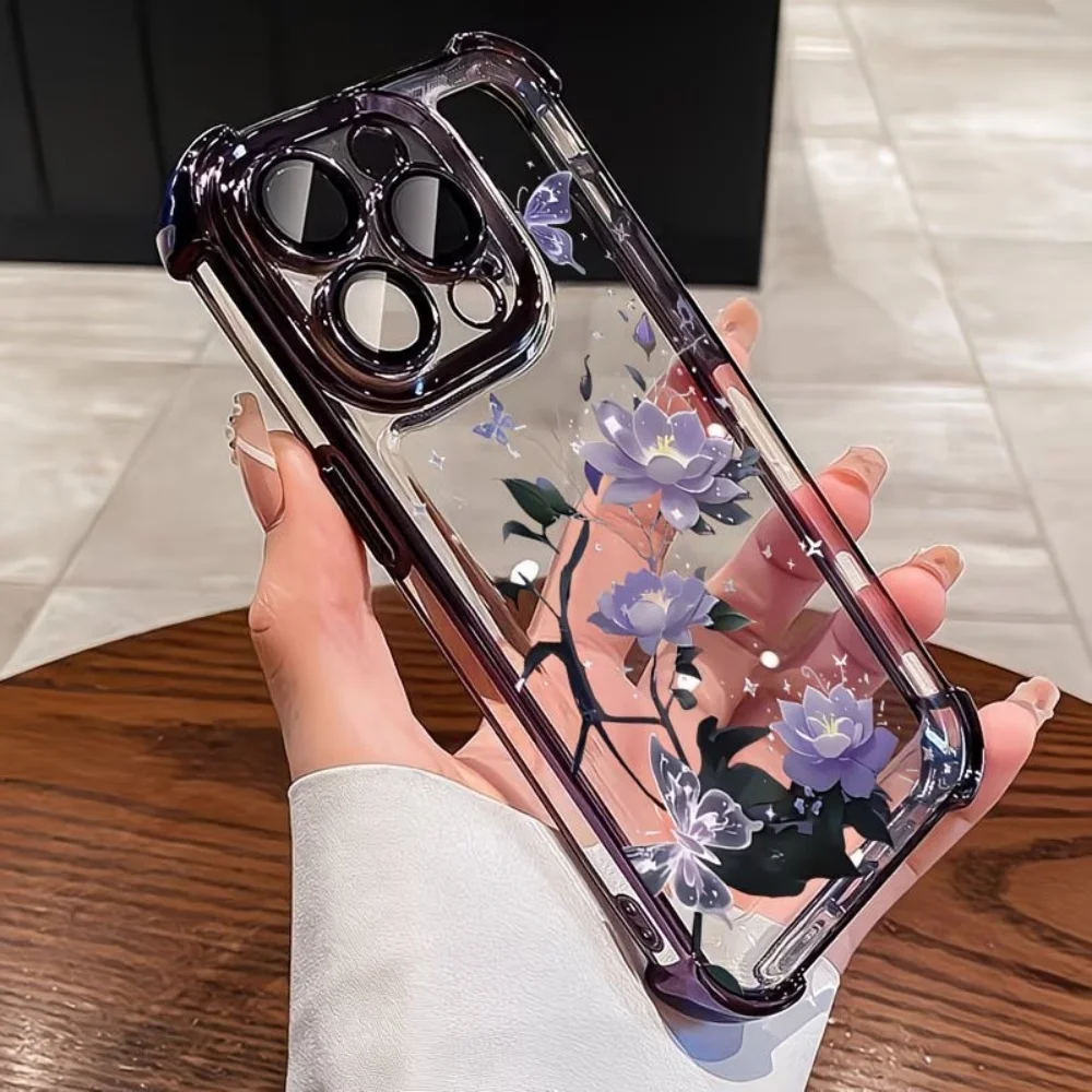 Elegant Purple Flower Clear Phone Case with Electroplated Four-Corner Protection