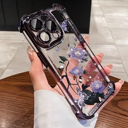 Elegant Purple Flower Clear Phone Case with Electroplated Four - Corner Protection - iPhone 15 Plus (Purple - LJY85)