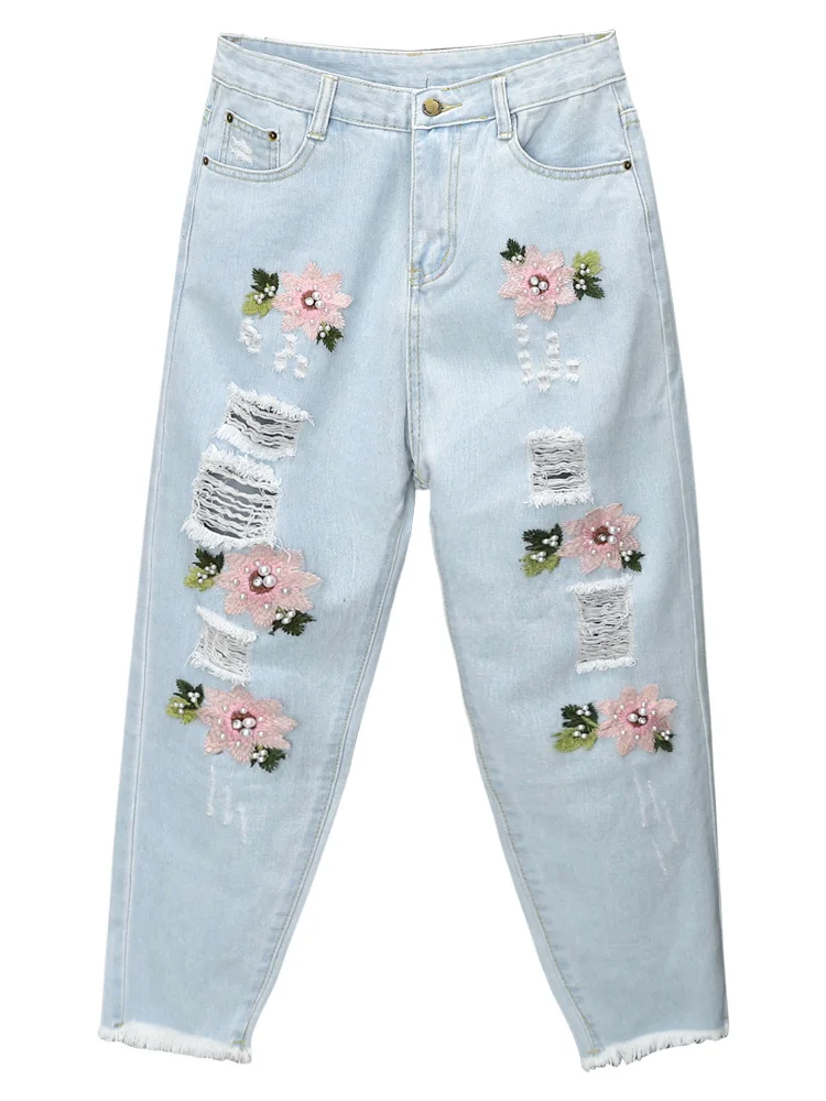 2025 New Summer High Waist Embroidered Piercing Jeans Female Fashionable and Skinny Appearance Haren Nine cropped Pants 5