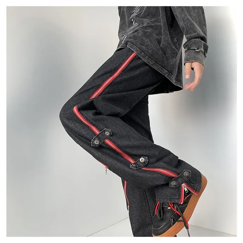 

Fashionable Zipper Slit Hip-hop Contrasting Wide-leg Pants and Jeans for Men in Autumn New American Retro Washed Straight Jeans
