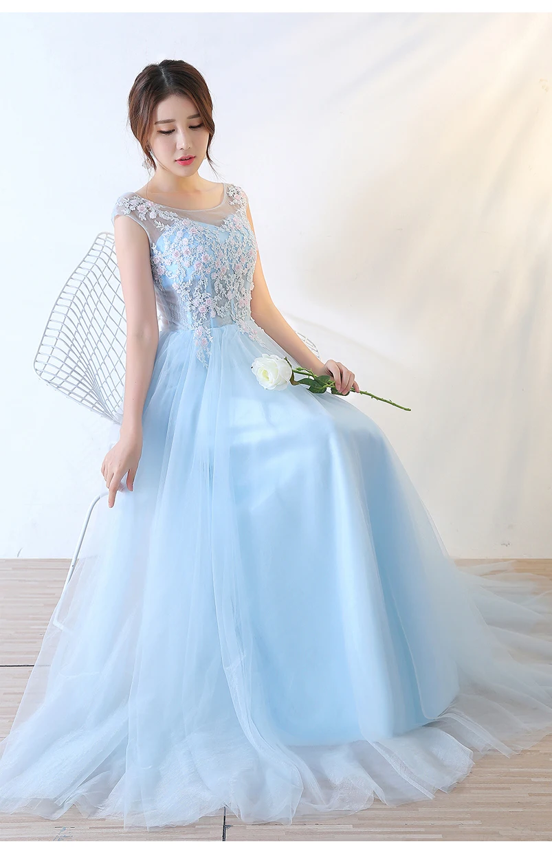 ball gown prom dresses Sky Blue Prom Dresses For Graduation Party Elegant Scoop Neck A-Line Floor-Length Appliques Tulle Evening Gowns Long blue prom dresses