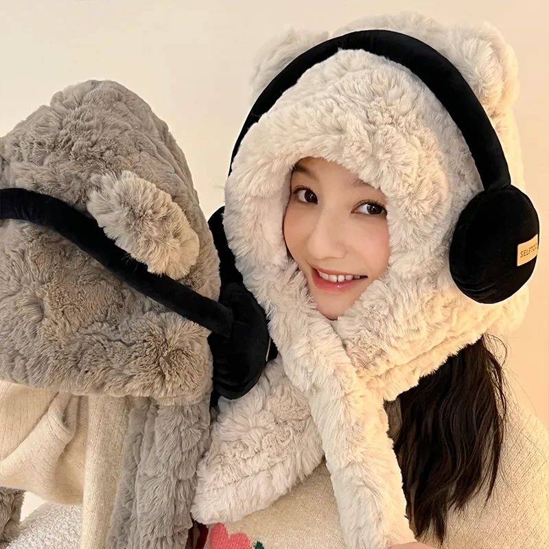 Winter Warm Plush Bear With Headphone Scarf Hat 2in1 Bear Ear Hat Hooded Cap Scarf Set Windproof Outdoor Cold Weather