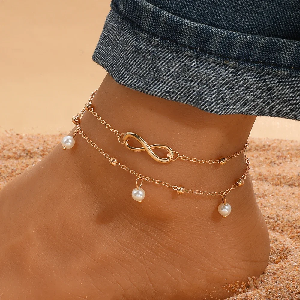 Neue Böhmen Retro Perle Herz Unendlichkeit Doppel-Deck Fußkettchen Armband Set Fuß Strand Fußkettchen Kette für Frauen Schmuck Fußkettchen – Detail 2