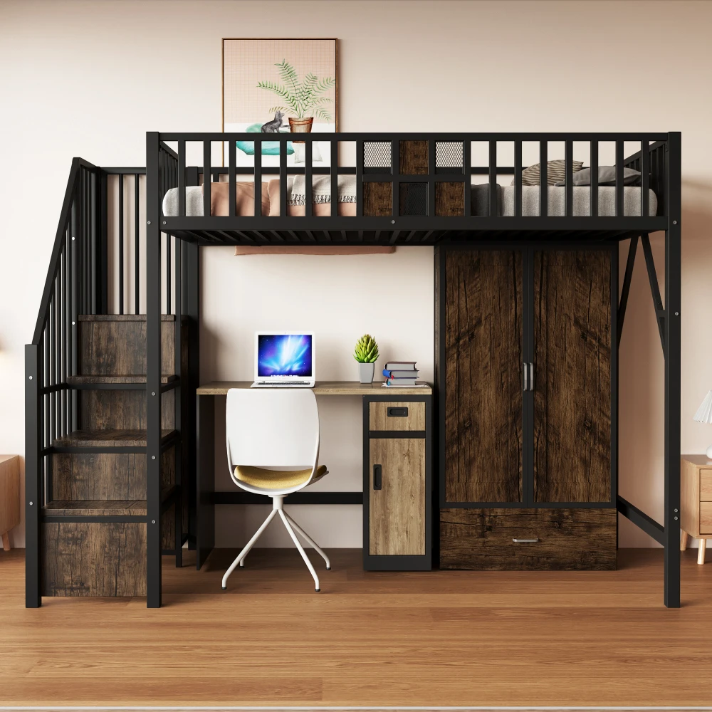Hochbett aus Metall mit auffälligem Geländer-Design aus Holz und Metallgitter mit großen Kleiderschrankschubladen und Aufbewahrungsleiter – Detail 14