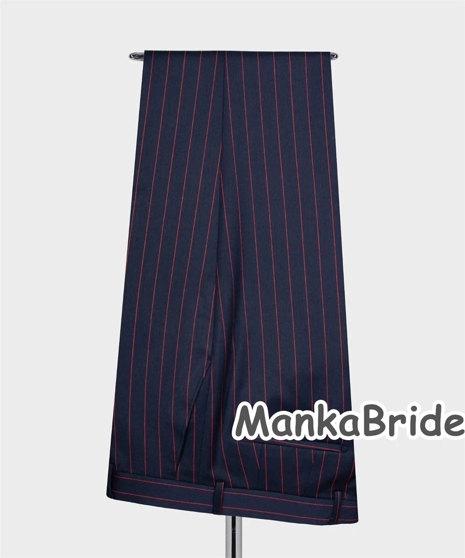 Navy Blue Striped Double Breasted Men's Suit 2pcs Blazer Pants for Wedding Groom Tuxedo Autumn/Winter Formal Business Wear Men Wedding Suits