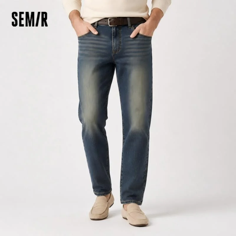 Semir Senrou Denim jean hommes moustaches rétro en détresse jambe droite 2025 hiver nouveau pantalons longs élastique vê