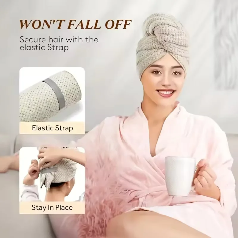 Large Hair Drying Towel Solid Color Water Absorbent Microfiber Wrap with Elastic Strap Soft Quick Drying Towel for Hair