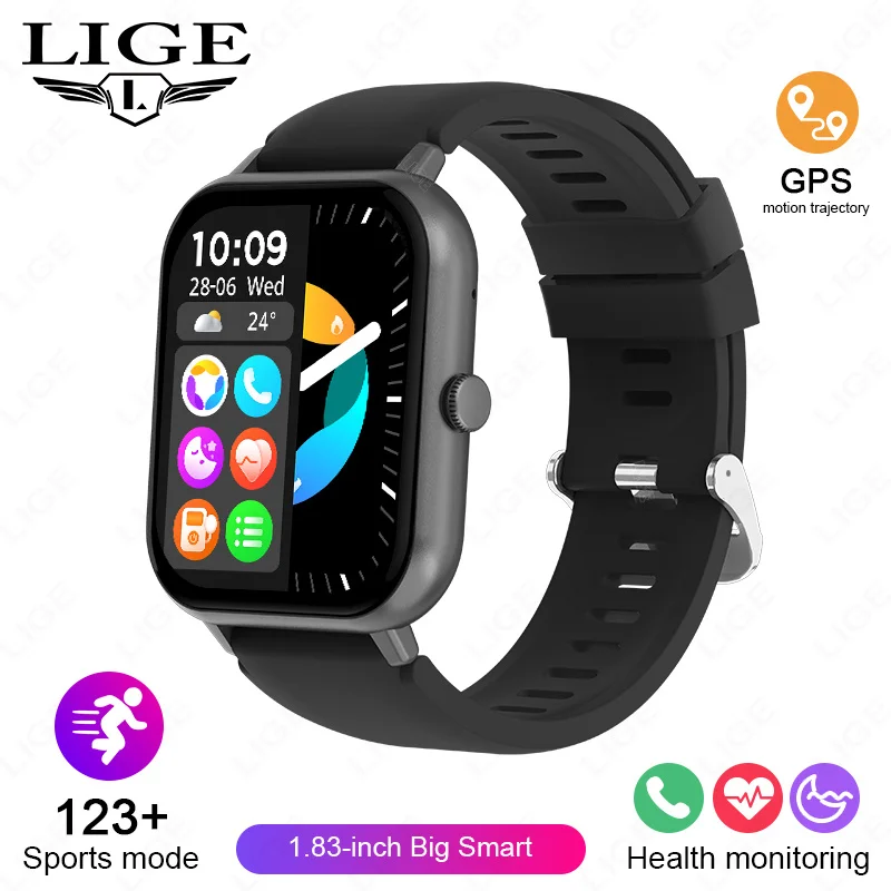 Смарт-годинник LIGE з HD-екраном 1,83 дюйма, 100+ спортивних режимів, Bluetooth-дзвінки, крокомір, водонепроникність IP67, моніторинг сну, для чоловіків і жінок