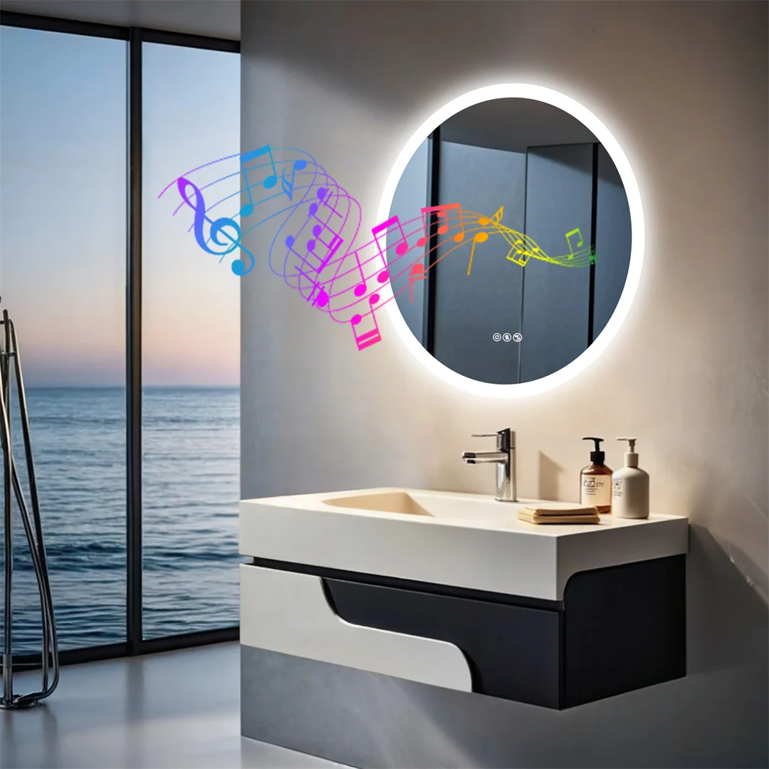 32 Inch Round Bathroom Mirror with Bluetooth Speaker Dimmable Wall-Mounted LED Lighted Vanity Mirror