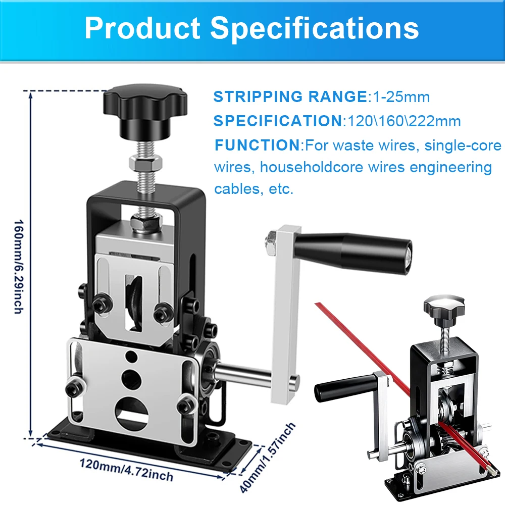 1-70mm² Wire Stripper Manual Wire Stripping Tool Cable Stripper Peeling Machine Compatible with Hand Crank Electric Drill Peeler 6